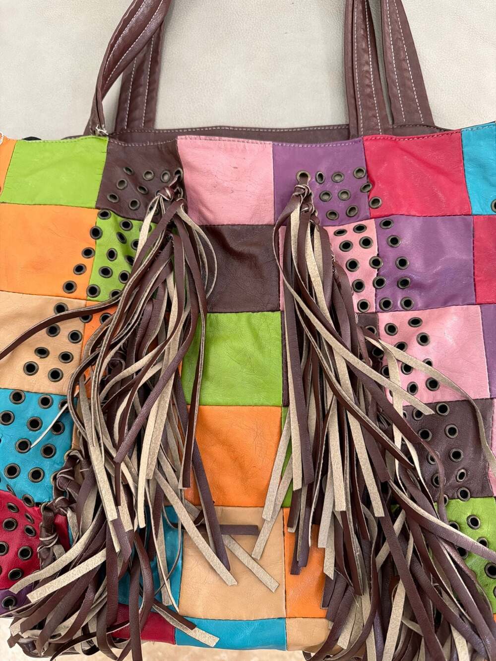 Far Nine Multicolored Leather Patchwork Fringe To… - image 3